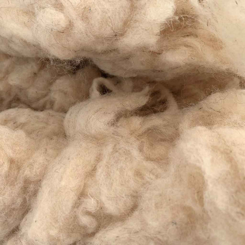 Close-up of natural wool stuffing fibers – breathable, chemical-free, ideal for sustainable filling and craft use.