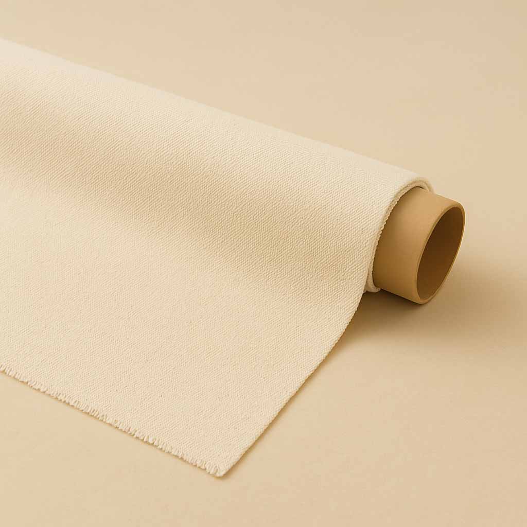 Rolled natural wool fabric in cream color, displayed on a neutral background