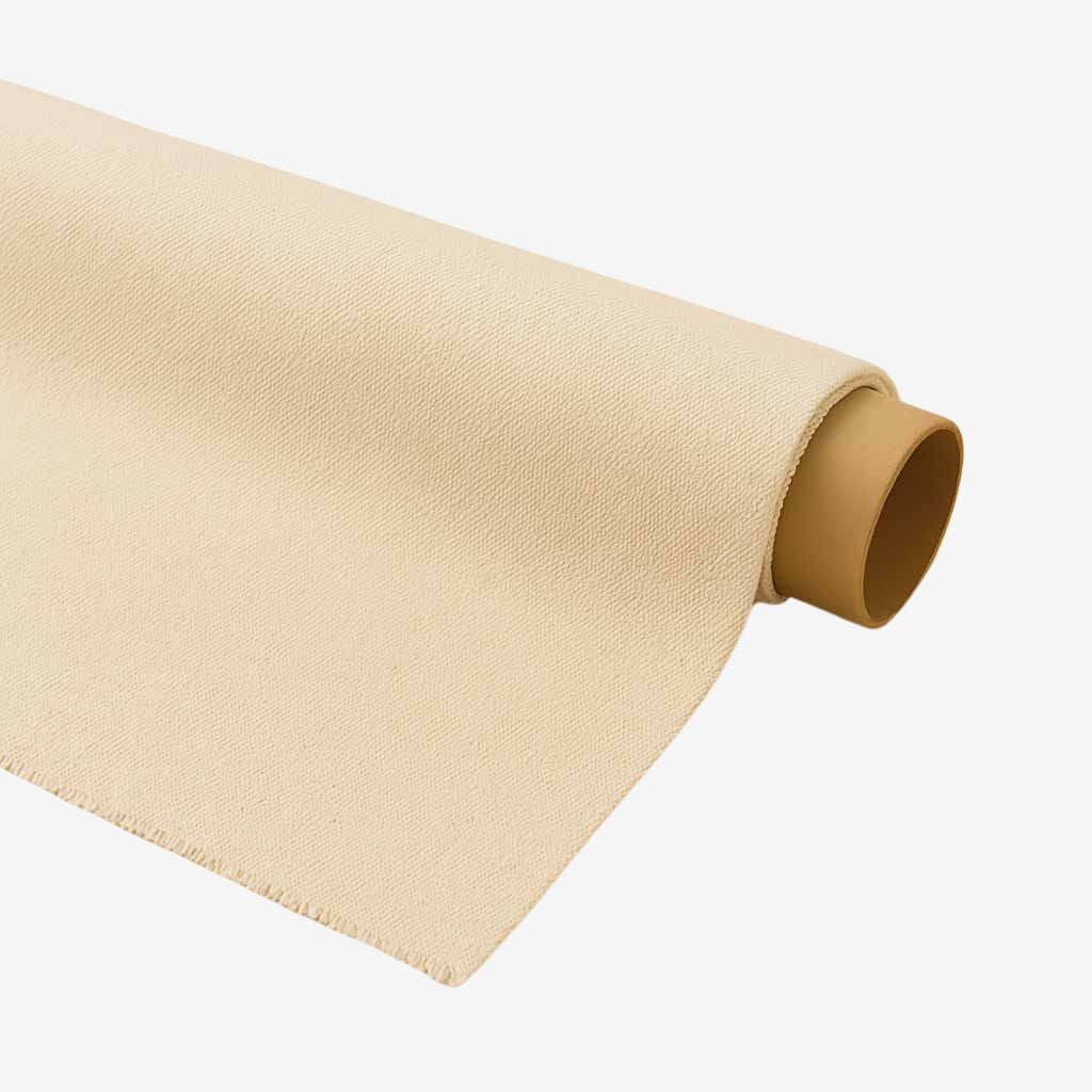 Rolled natural wool fabric in cream color, displayed on a neutral background.