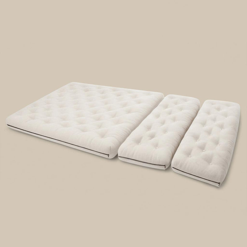 Three-piece wool mattress designed for IKEA extendable beds, made with certified natural materials and hand-tufted finish