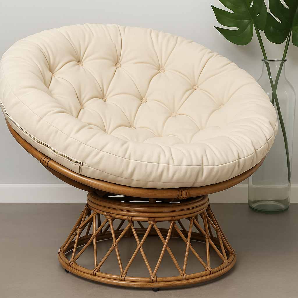 Handcrafted wool papasan chair cushion in natural fabric, tufted for luxurious comfort and perfect fit on a rattan base