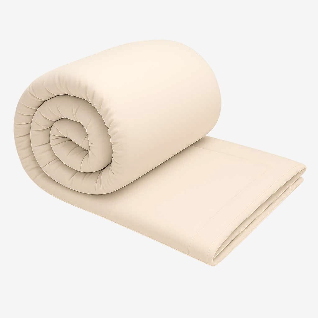 Rolled natural wool duvet insert on neutral background.
