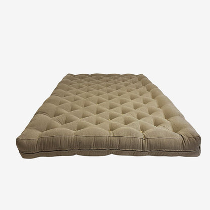 Handmade natural wool mattress in brown linen fabric – top view with diamond tufting.