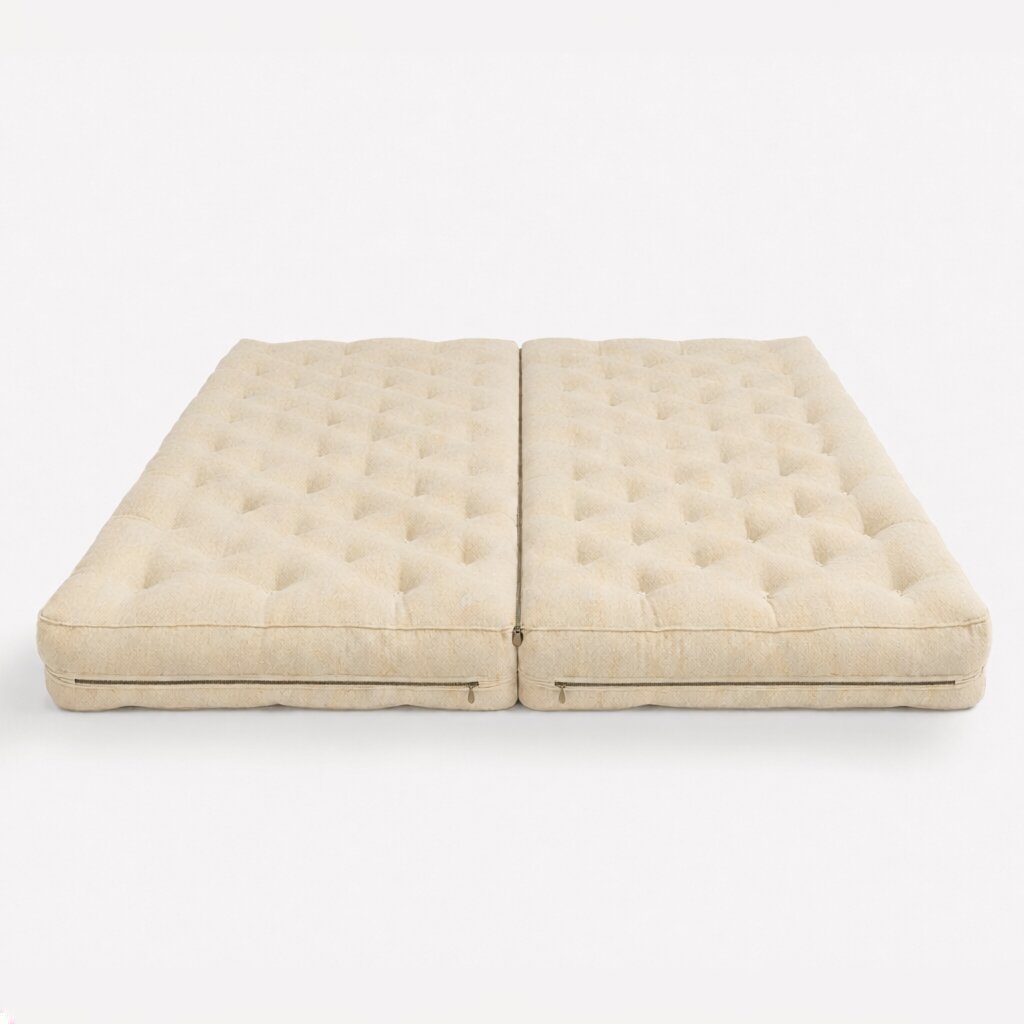 Handmade split wool mattress with virgin wool cover and connecting zippers.