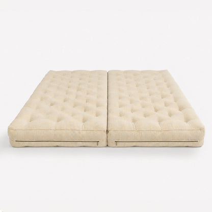 Handmade split wool mattress with virgin wool cover and connecting zippers.