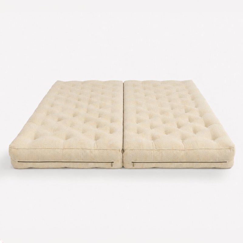 Handmade split wool mattress with virgin wool cover and connecting zippers.