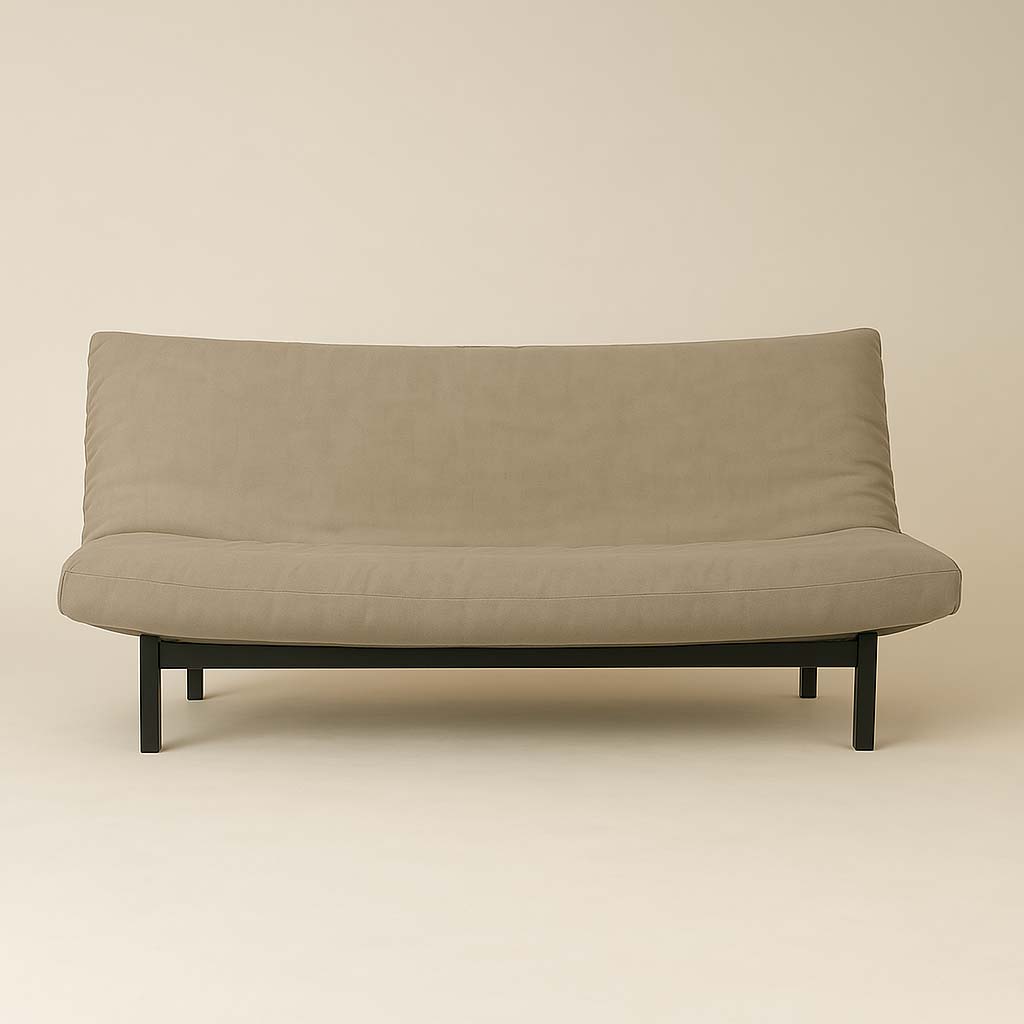 Natural wool futon mattress with certified filling, shown on a minimalist black frame in a sitting position